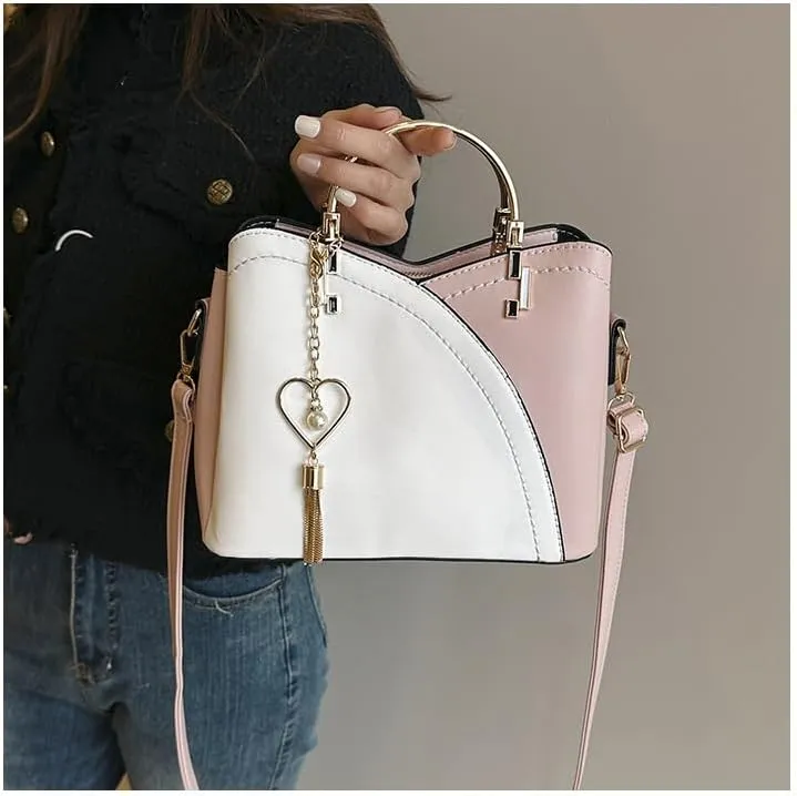 Women's Patchwork Tote Bag Stylish Contrasting Shoulder Bag Fashion Top Handle Tassels Bags Color Block Cute Purse