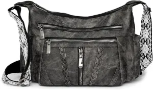 women's PU material retro large capacity multi-layer zipper embroidered wide shoulder strap crossbody bag shoulder bag casual bag