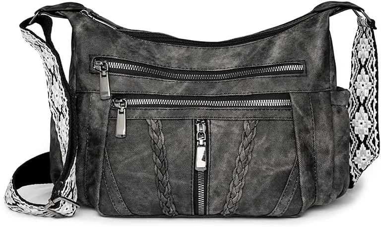 women's PU material retro large capacity multi-layer zipper embroidered wide shoulder strap crossbody bag shoulder bag casual bag