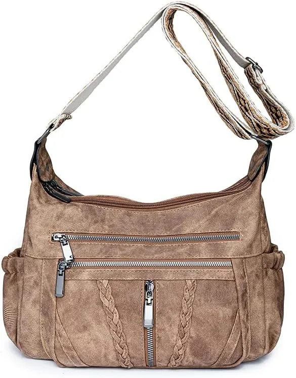 women's PU material retro large capacity multi-layer zipper embroidered wide shoulder strap crossbody bag shoulder bag casual bag（Brown）