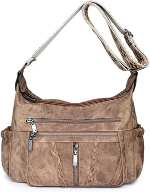 women's PU material retro large capacity multi-layer zipper embroidered wide shoulder strap crossbody bag shoulder bag casual bag（Brown）