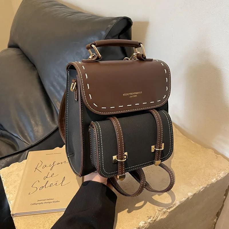 Women's Retro Style Fashionable Design Texture Contrast Backpacks