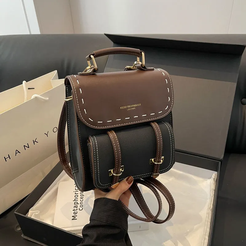 Women's Retro Style Fashionable Design Texture Contrast Backpacks