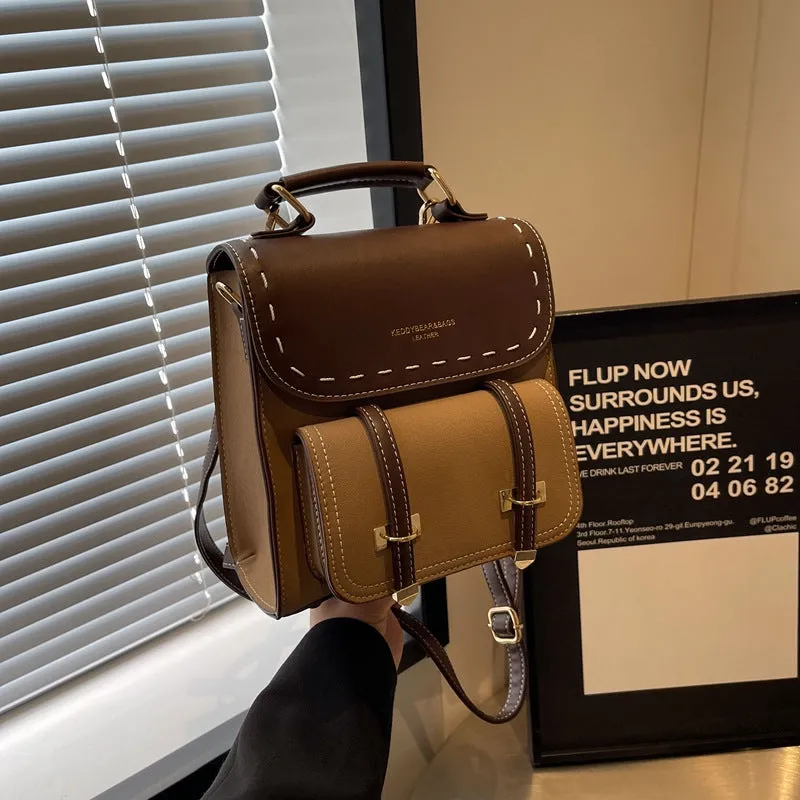 Women's Retro Style Fashionable Design Texture Contrast Backpacks