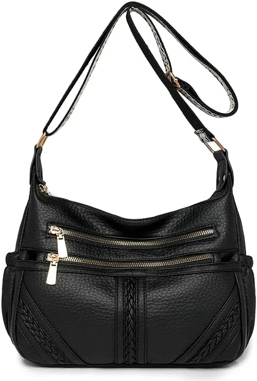 women's retro wide shoulder strap multi-layer zipper PU material single shoulder crossbody bag casual bag