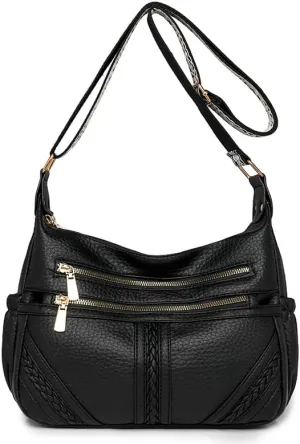 women's retro wide shoulder strap multi-layer zipper PU material single shoulder crossbody bag casual bag
