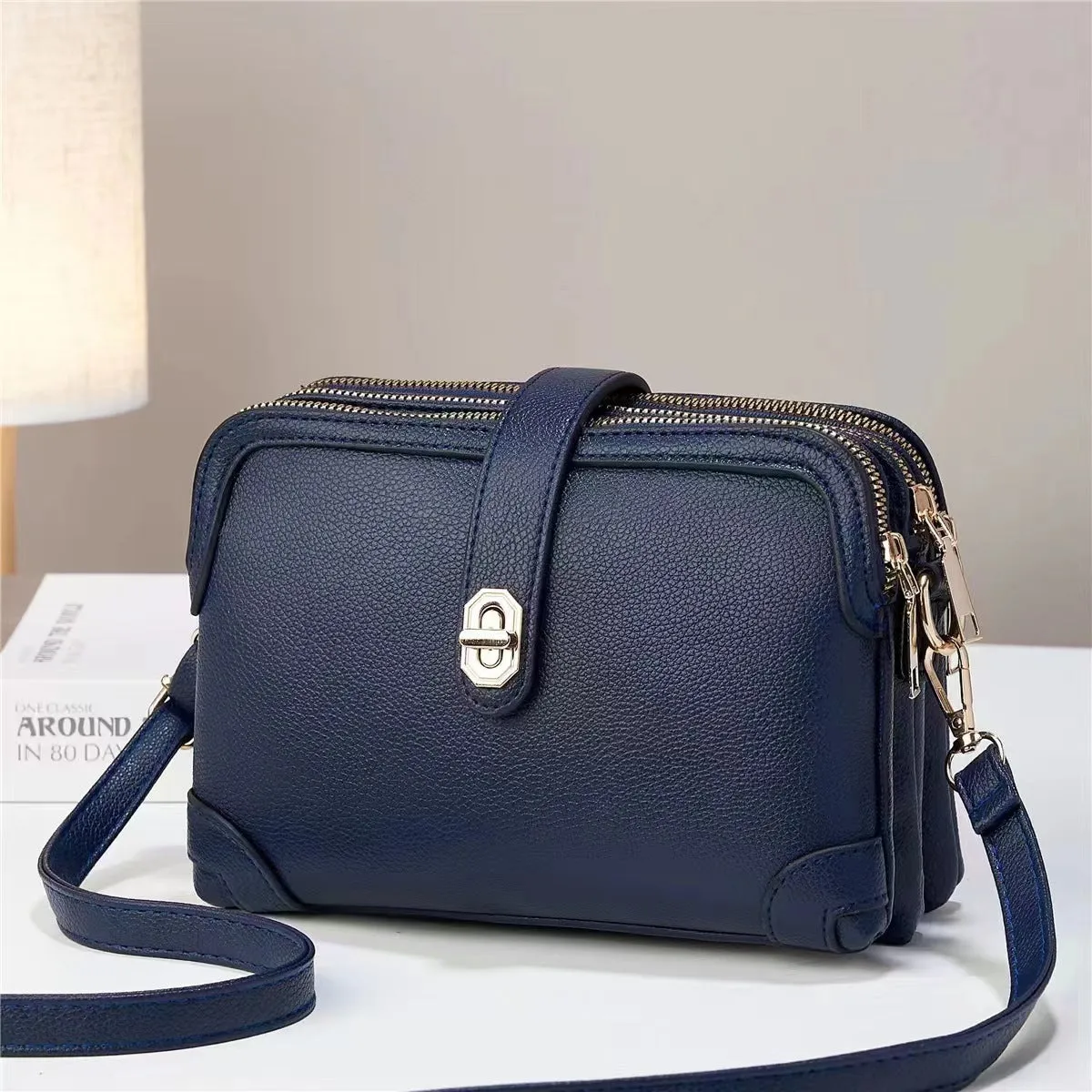 Women's square bag soft leather crossbody multi-layer lychee
