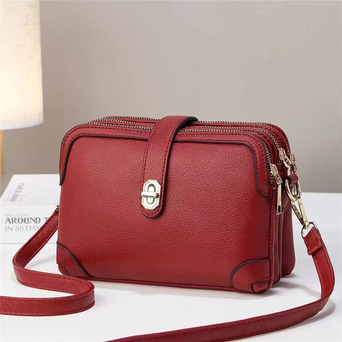 Women's square bag soft leather crossbody multi-layer lychee