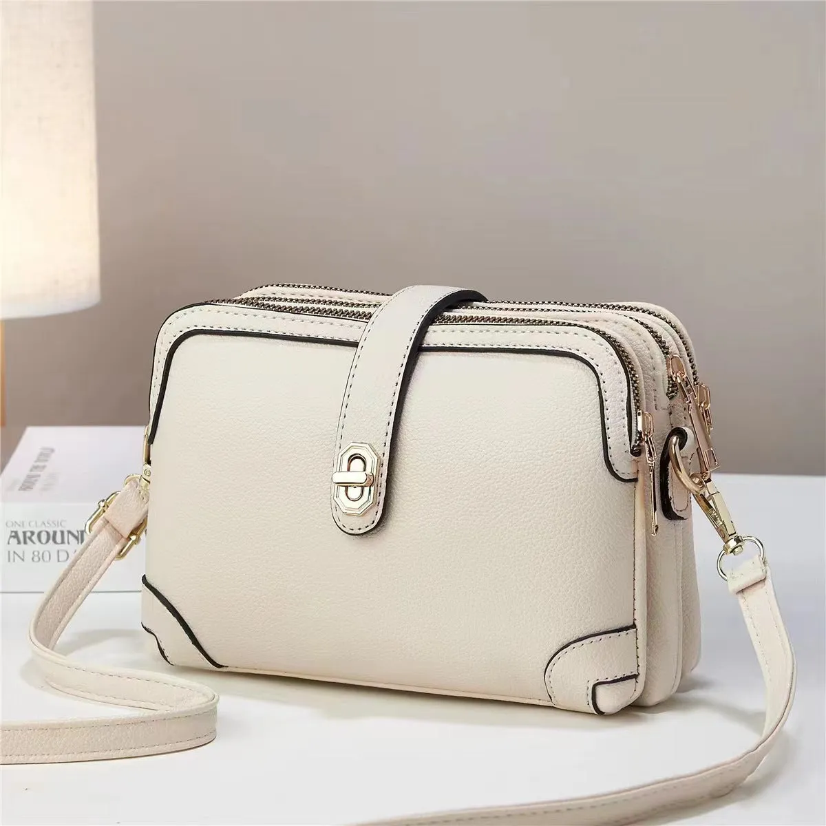 Women's square bag soft leather crossbody multi-layer lychee