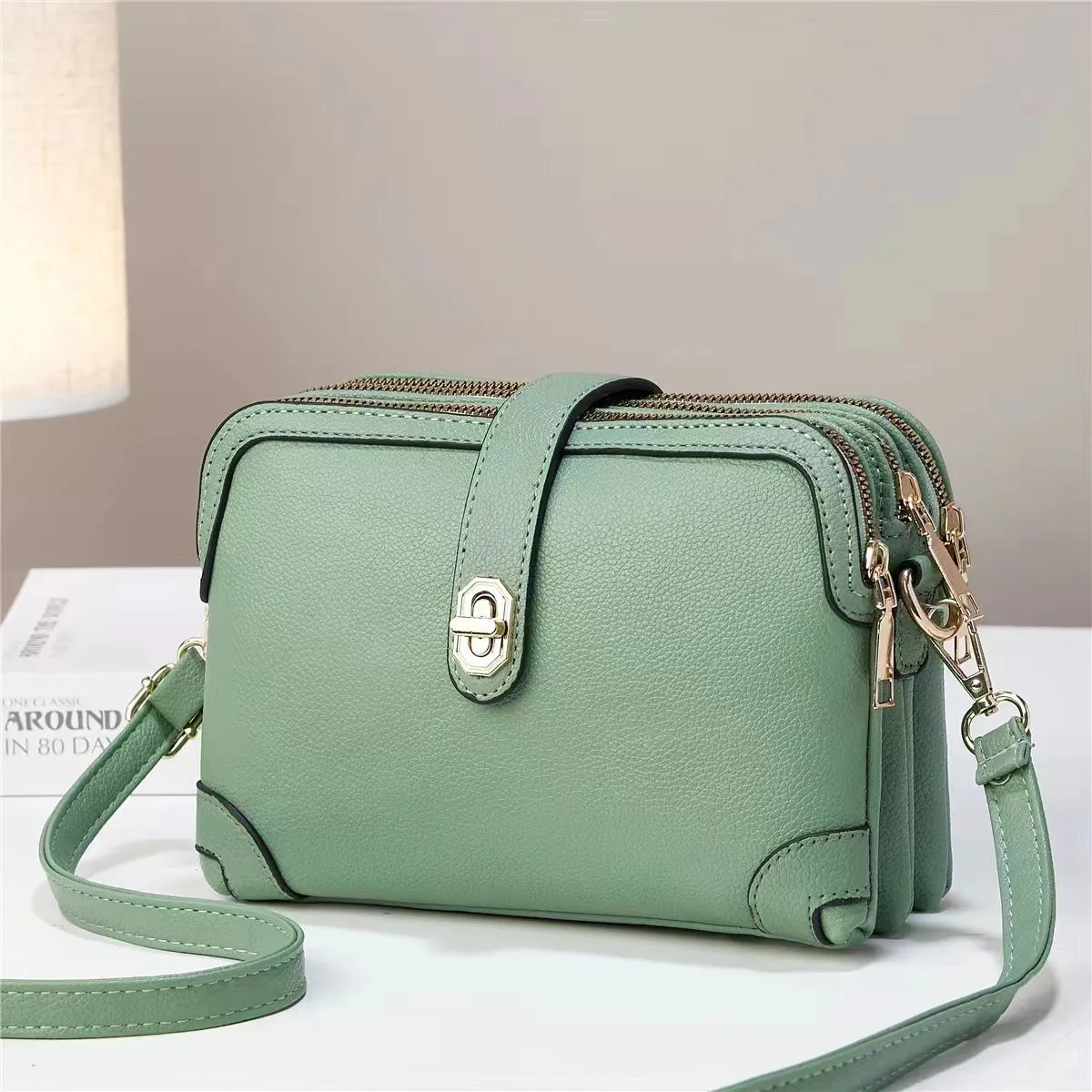 Women's square bag soft leather crossbody multi-layer lychee