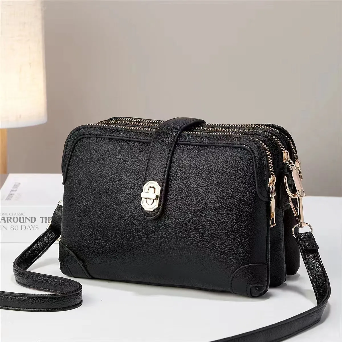 Women's square bag soft leather crossbody multi-layer lychee