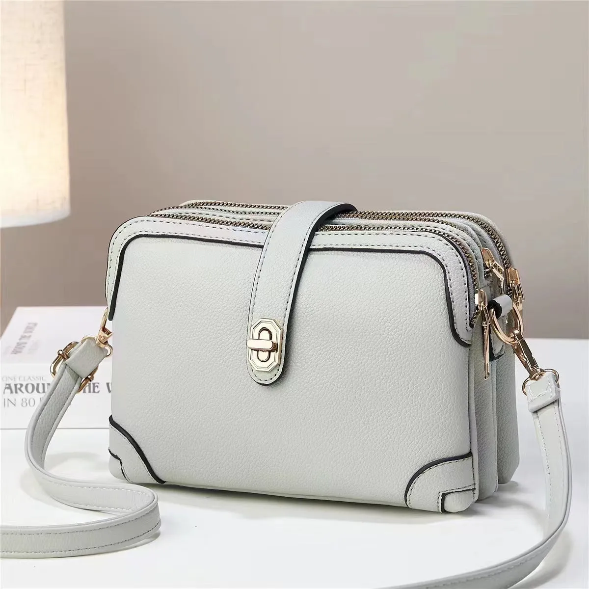 Women's square bag soft leather crossbody multi-layer lychee