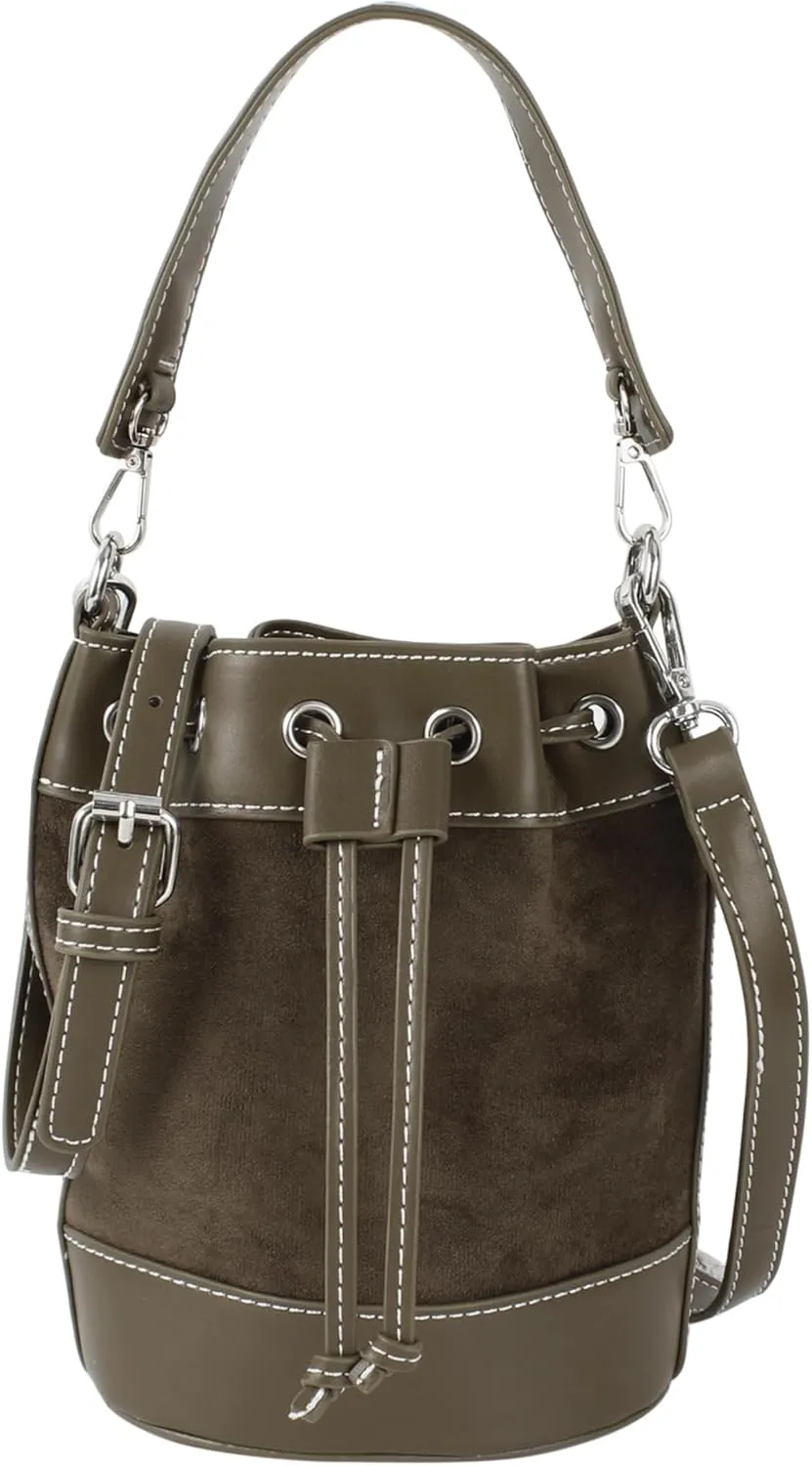 Women's Suede Bucket Shoulder Crossbody Drawstring Tassel Barrel Shape Hobo Purse