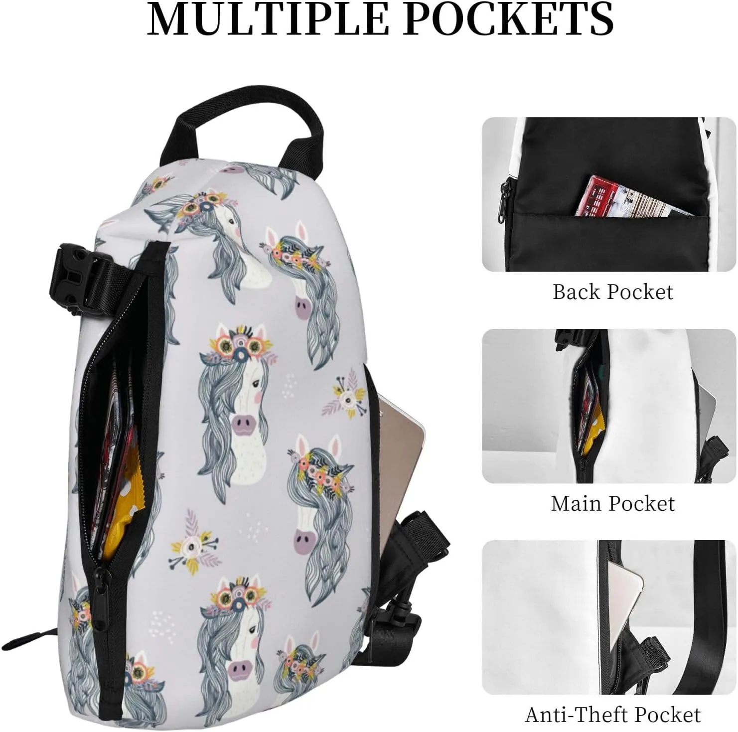 WURTON Adorable Horses Print Crossbody Backpack Cross Pack Lightweight Sling Bag Travel, Hiking