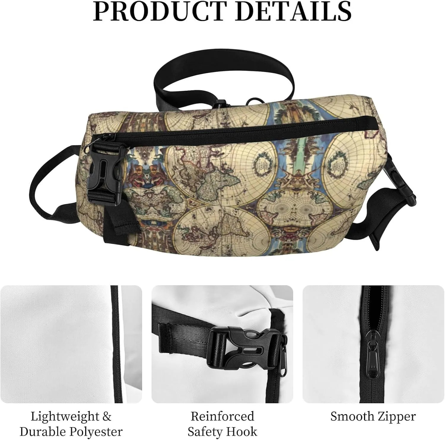 WURTON Ancient Map World Globe Print Crossbody Backpack Cross Pack Lightweight Sling Bag Travel, Hiking