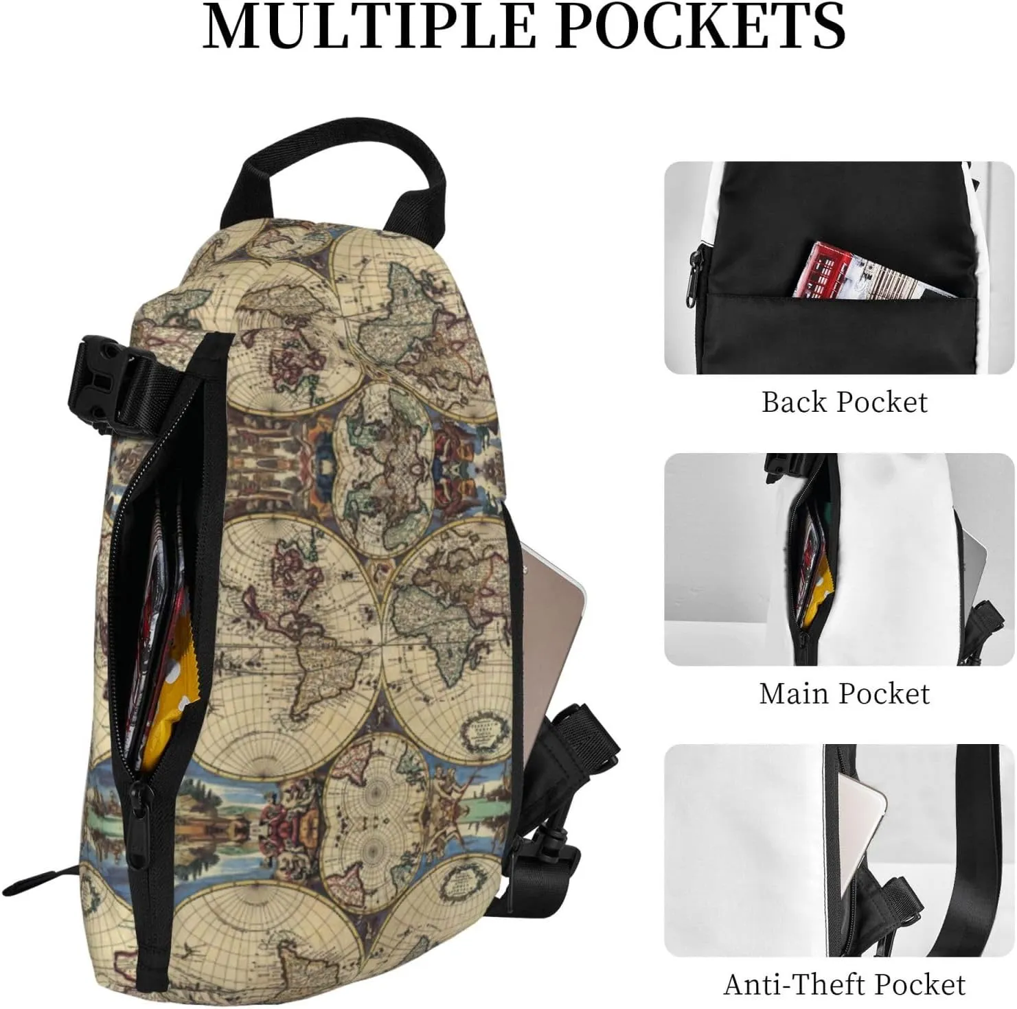 WURTON Ancient Map World Globe Print Crossbody Backpack Cross Pack Lightweight Sling Bag Travel, Hiking