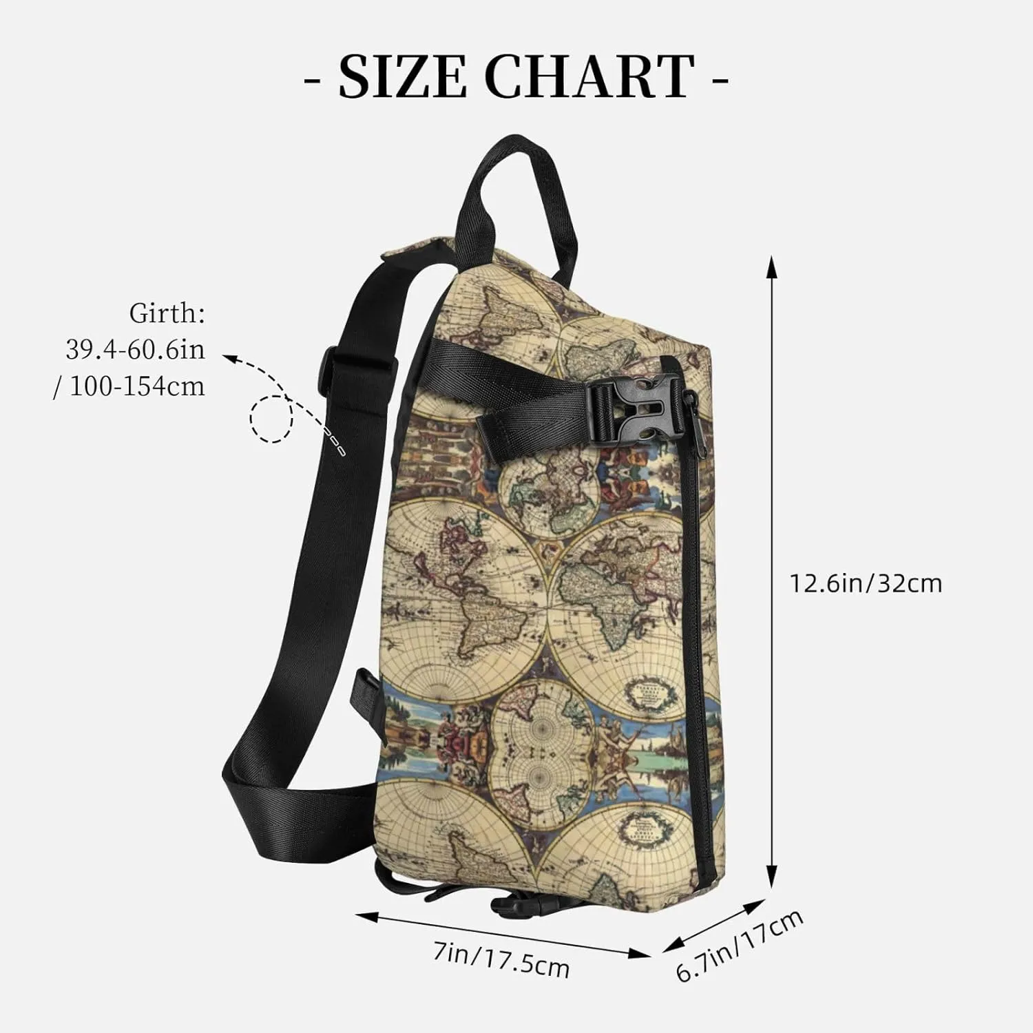 WURTON Ancient Map World Globe Print Crossbody Backpack Cross Pack Lightweight Sling Bag Travel, Hiking
