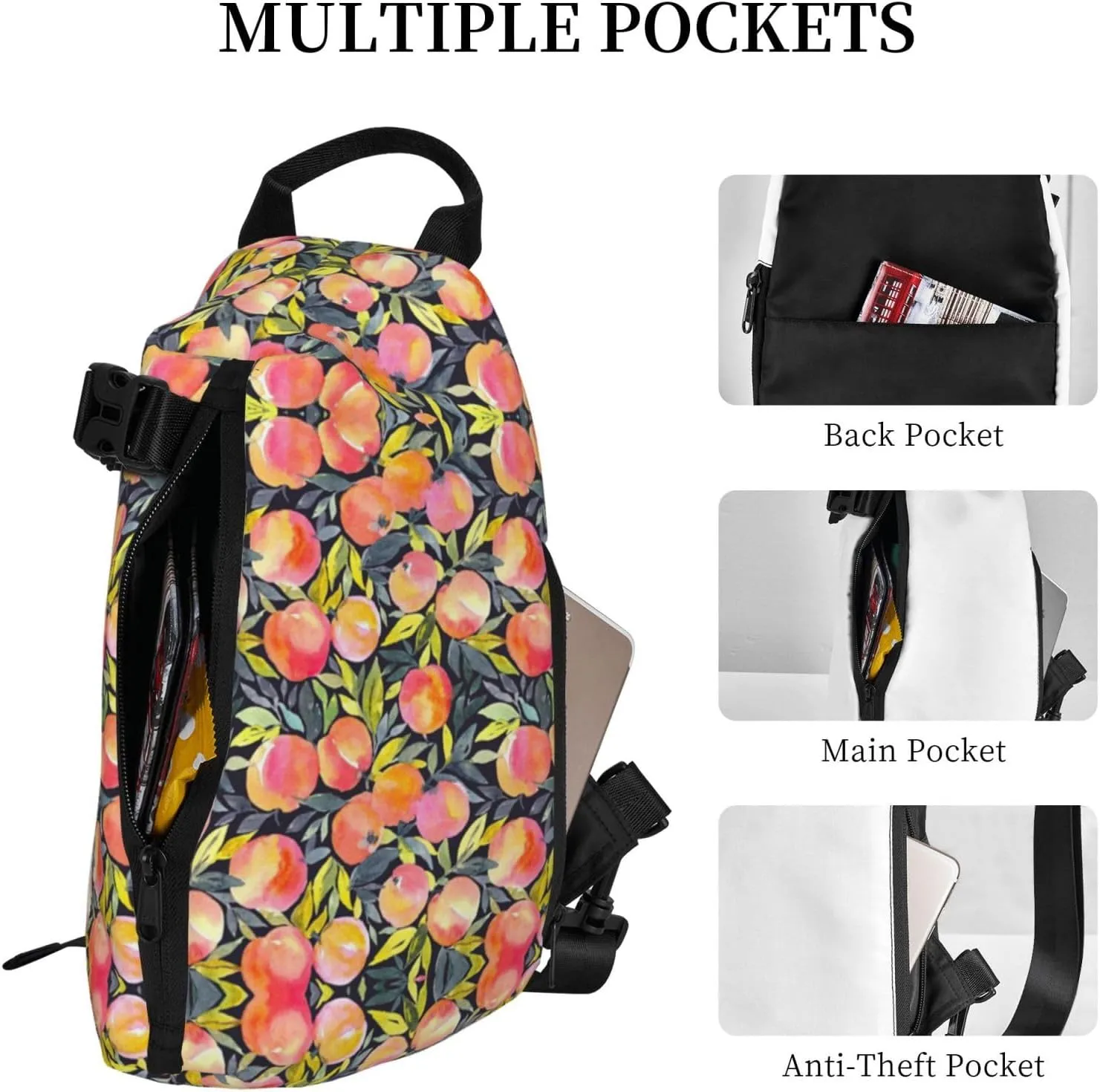 Wurton Colorful Peach Print Travel Crossbody Backpack Bag,Lightweight Sling Bag For Travel Unisex