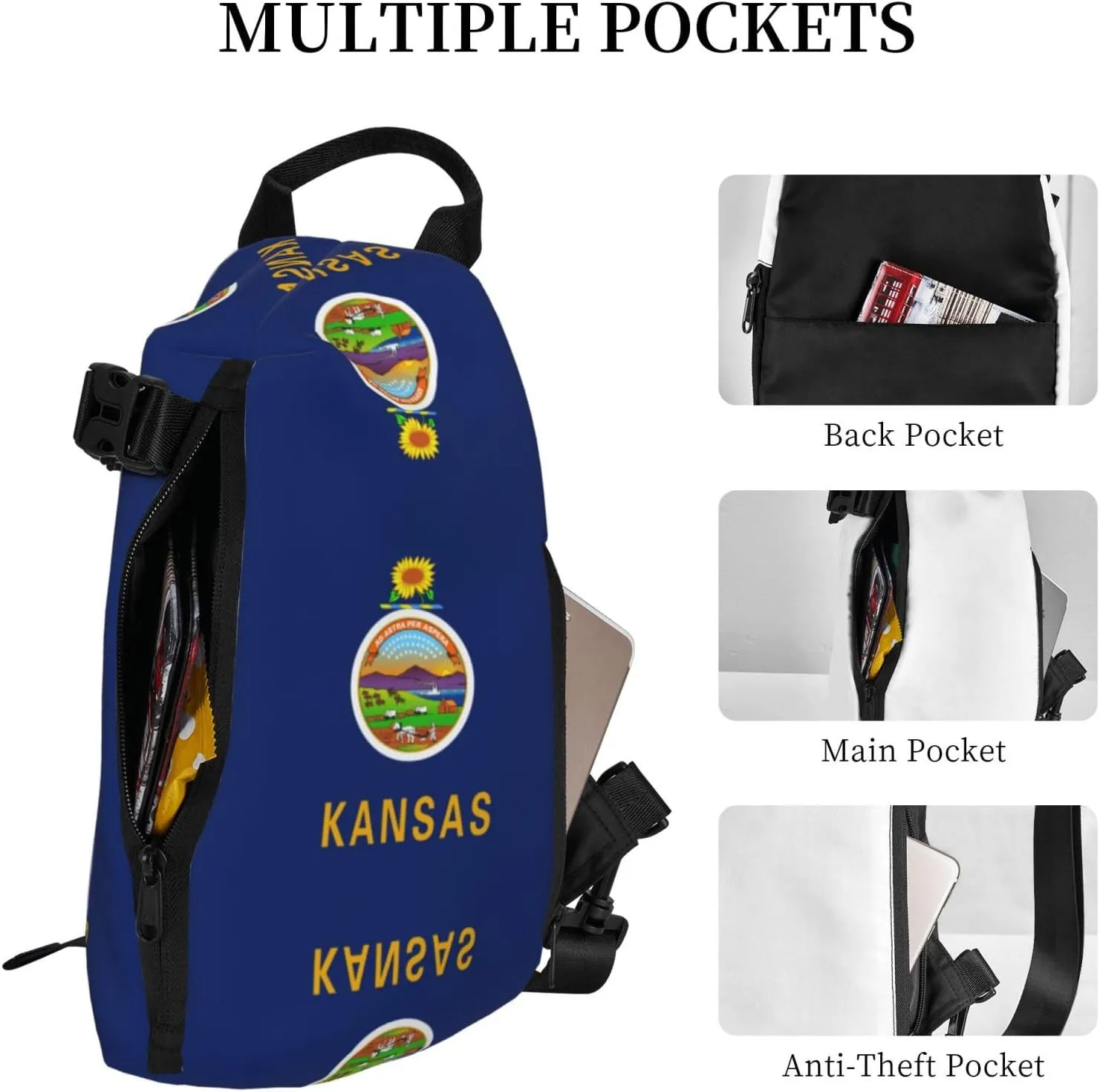 WURTON Kansas State Flag Print Crossbody Backpack Cross Pack Lightweight Sling Bag Travel, Hiking