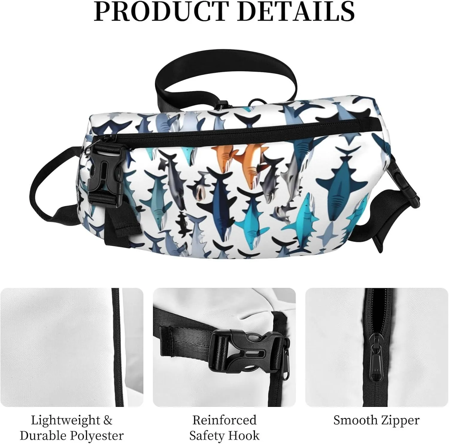 WURTON Sharks Pattern Print Crossbody Backpack Cross Pack Lightweight Sling Bag Travel, Hiking