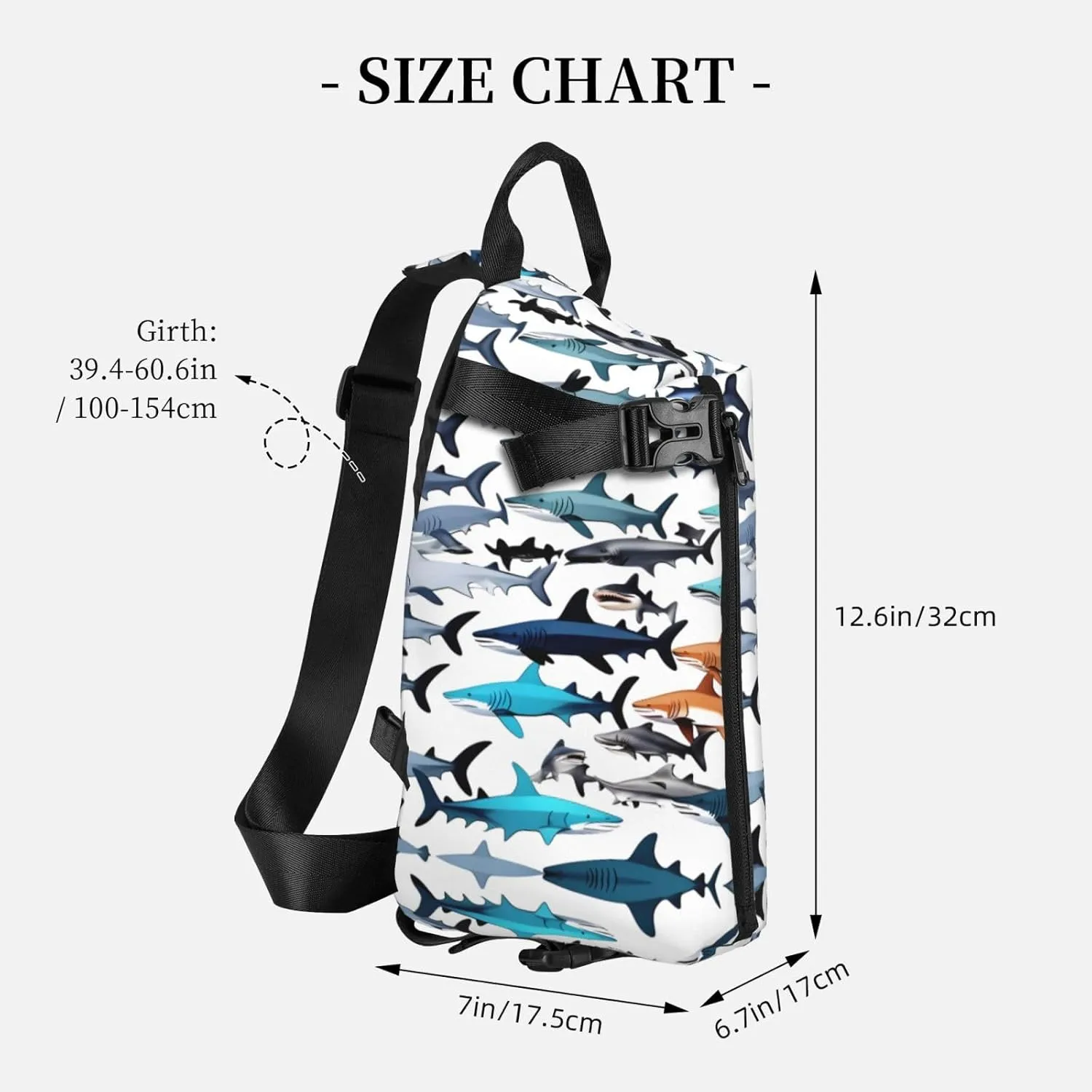 WURTON Sharks Pattern Print Crossbody Backpack Cross Pack Lightweight Sling Bag Travel, Hiking
