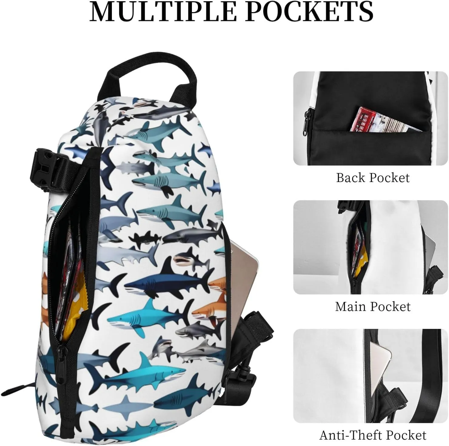 WURTON Sharks Pattern Print Crossbody Backpack Cross Pack Lightweight Sling Bag Travel, Hiking