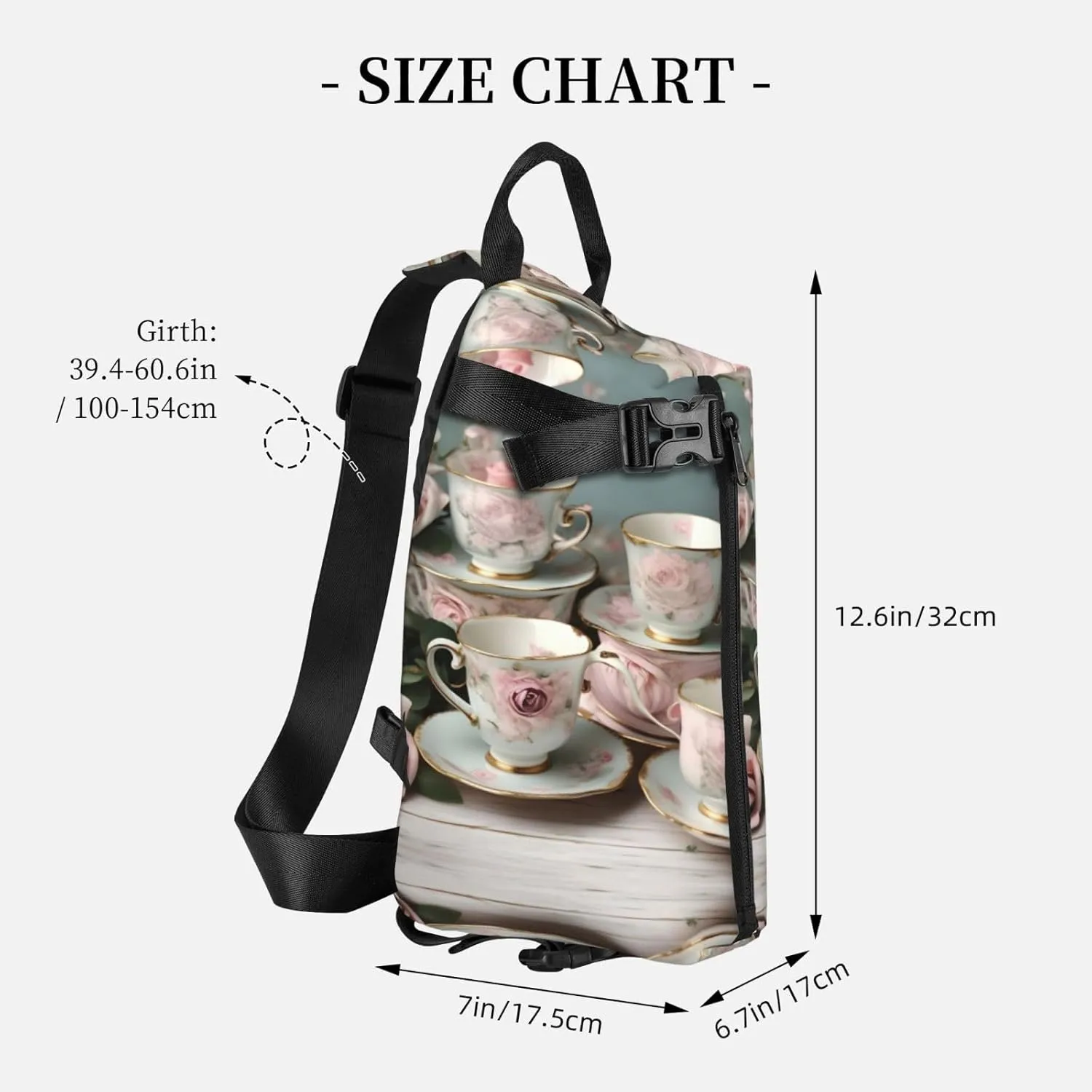 WURTON Tea Cups With Roses Romantic Print Crossbody Backpack Cross Pack Lightweight Sling Bag Travel, Hiking