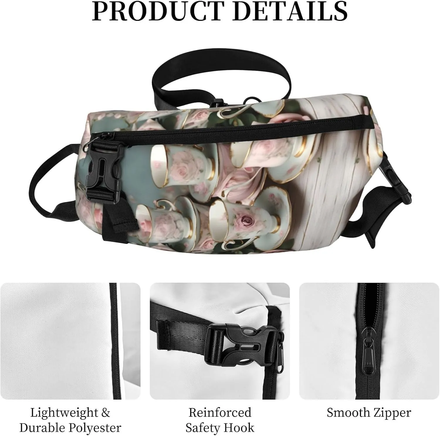WURTON Tea Cups With Roses Romantic Print Crossbody Backpack Cross Pack Lightweight Sling Bag Travel, Hiking