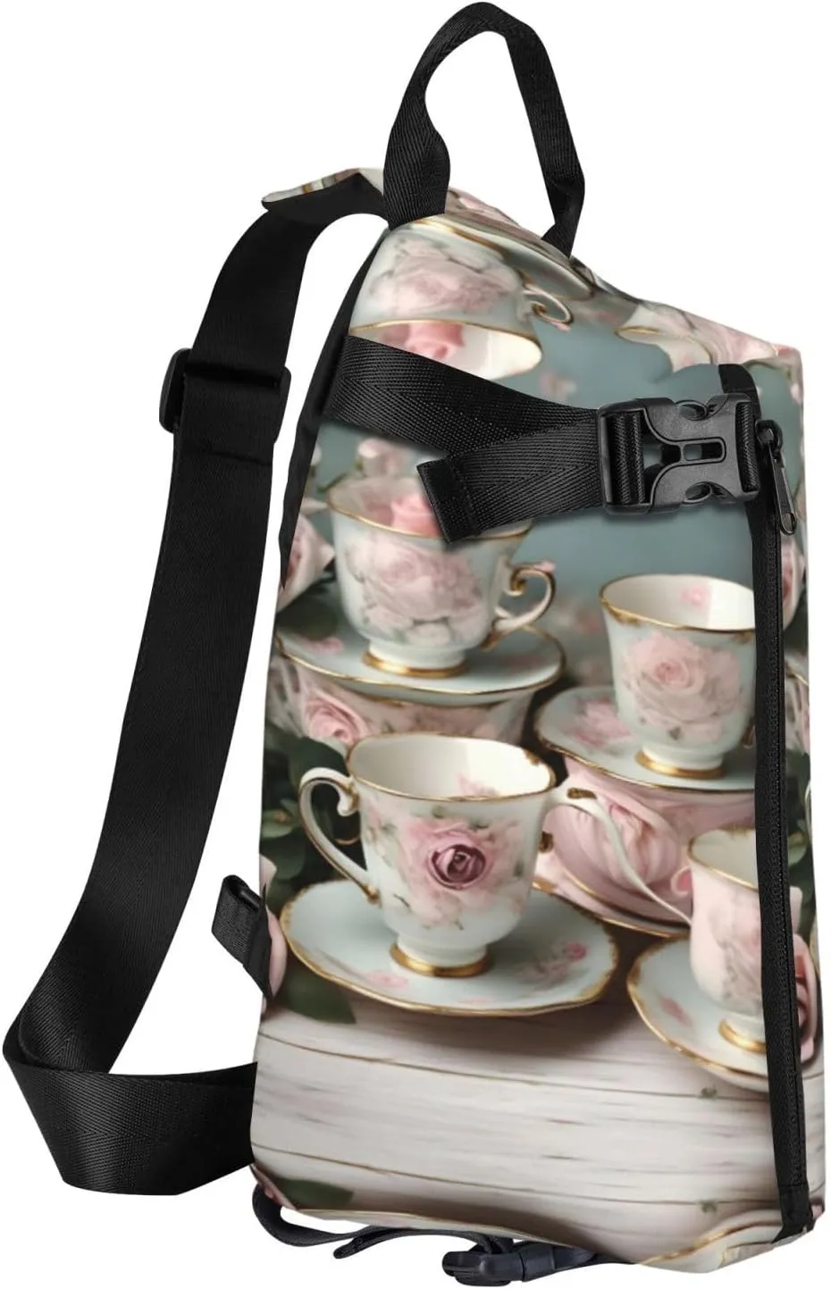 WURTON Tea Cups With Roses Romantic Print Crossbody Backpack Cross Pack Lightweight Sling Bag Travel, Hiking