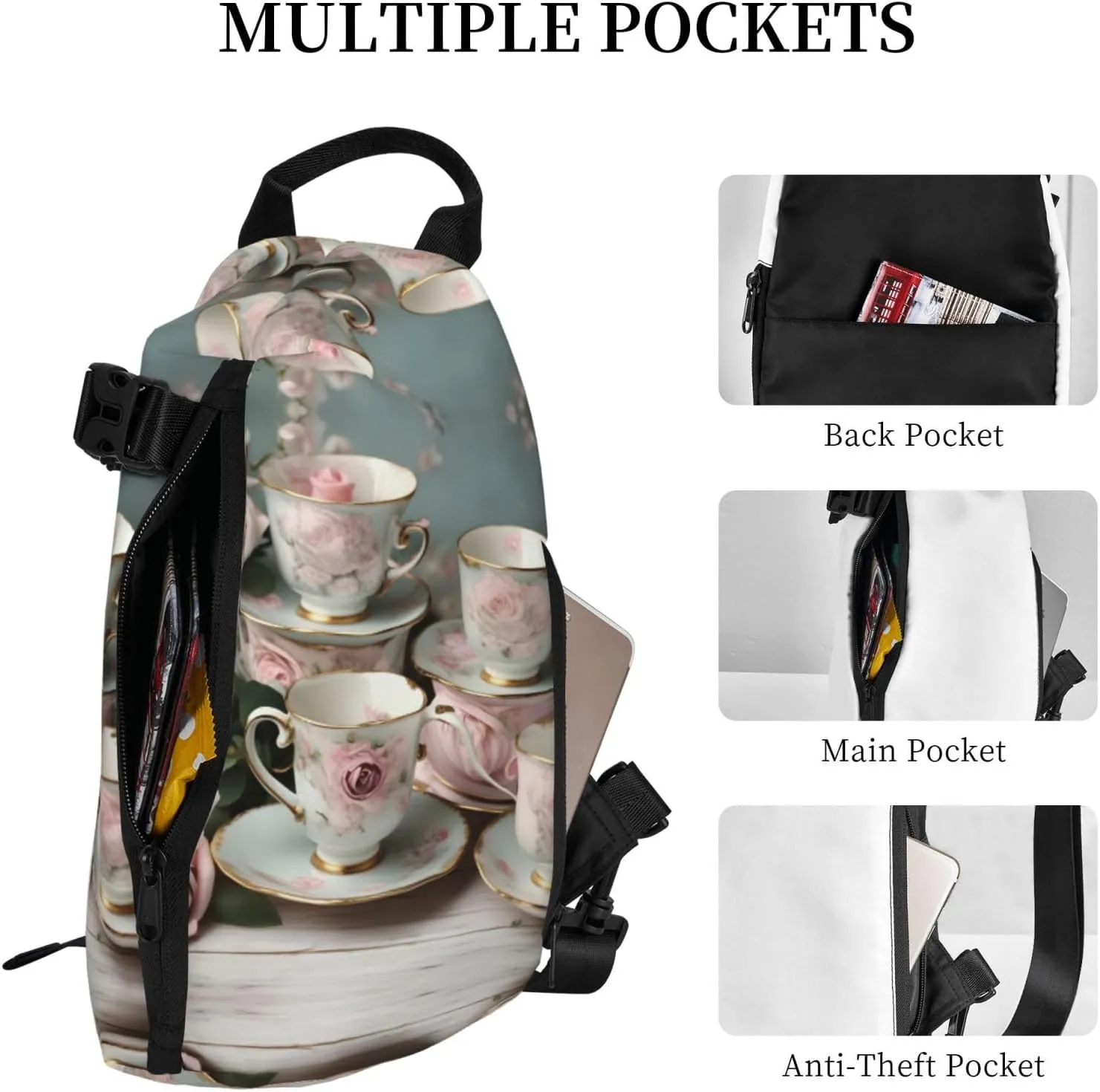 WURTON Tea Cups With Roses Romantic Print Crossbody Backpack Cross Pack Lightweight Sling Bag Travel, Hiking