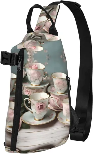 WURTON Tea Cups With Roses Romantic Print Crossbody Backpack Cross Pack Lightweight Sling Bag Travel, Hiking