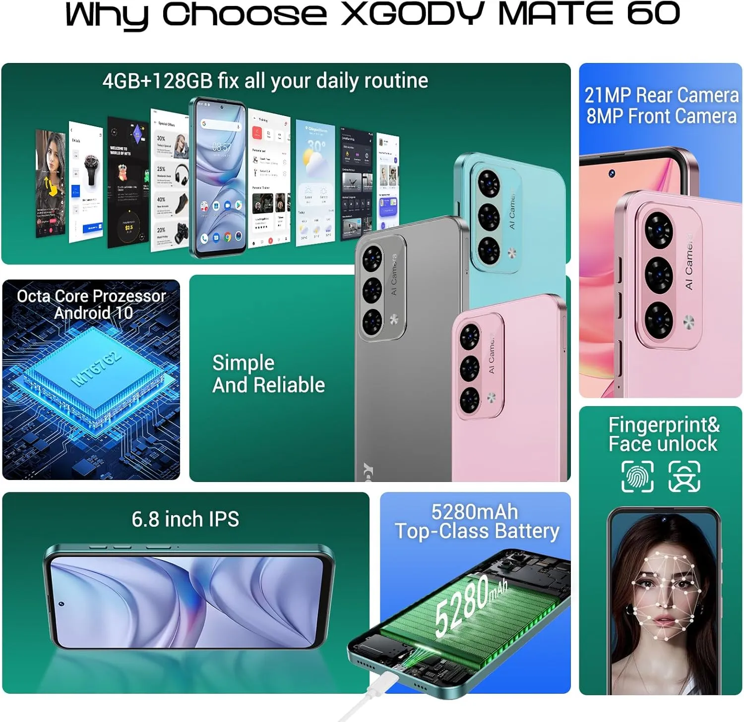 Xgody Unlock Phone Mate 60,6.79 Inch HD  Screen Smartphone,4G Dual SIM Cheap Mobile Phones 4GB  128GB Expanded 512G 5280mAh 21MP Camera T-Mobile Android Phone with Finger&Face Unlock Pearl Grey