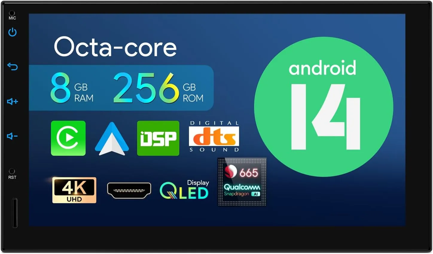 XTRONS Double Din 7 Inch Touch Screen Car Stereo, Android 14 Octa Core 8GB 256GB, Built-in DSP Support CarPlay Android Auto HDMI Output 4K Video 5Ghz WiFi