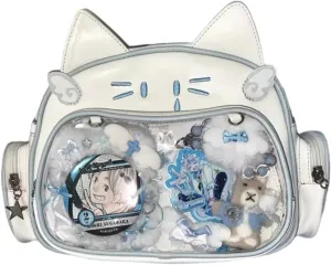 Y2K Ita Bag with Pin Display Insert - Cute Cat Shoulder Bag, Kawaii Backpack Women Aesthetic Crossbody Bag for Anime Cosplay (White3)