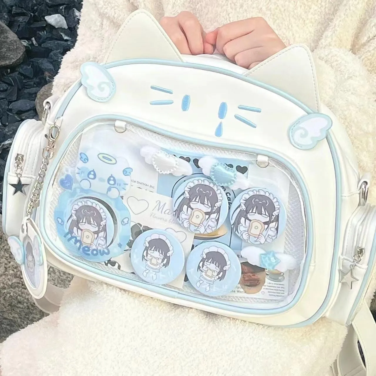Y2K Ita Bag with Pin Display Insert - Cute Cat Shoulder Bag, Kawaii Backpack Women Aesthetic Crossbody Bag for Anime Cosplay (White3)
