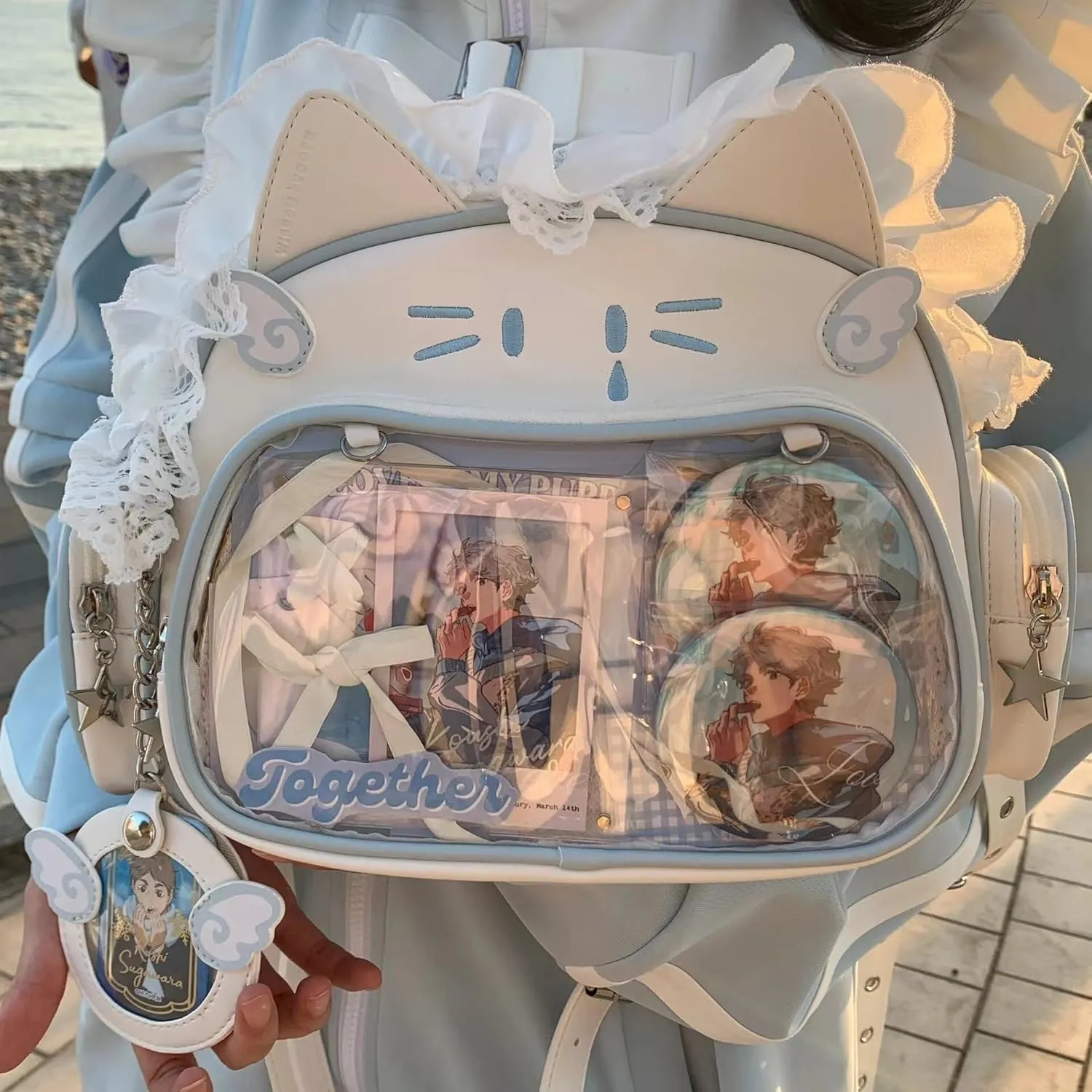 Y2K Ita Bag with Pin Display Insert - Cute Cat Shoulder Bag, Kawaii Backpack Women Aesthetic Crossbody Bag for Anime Cosplay (White3)