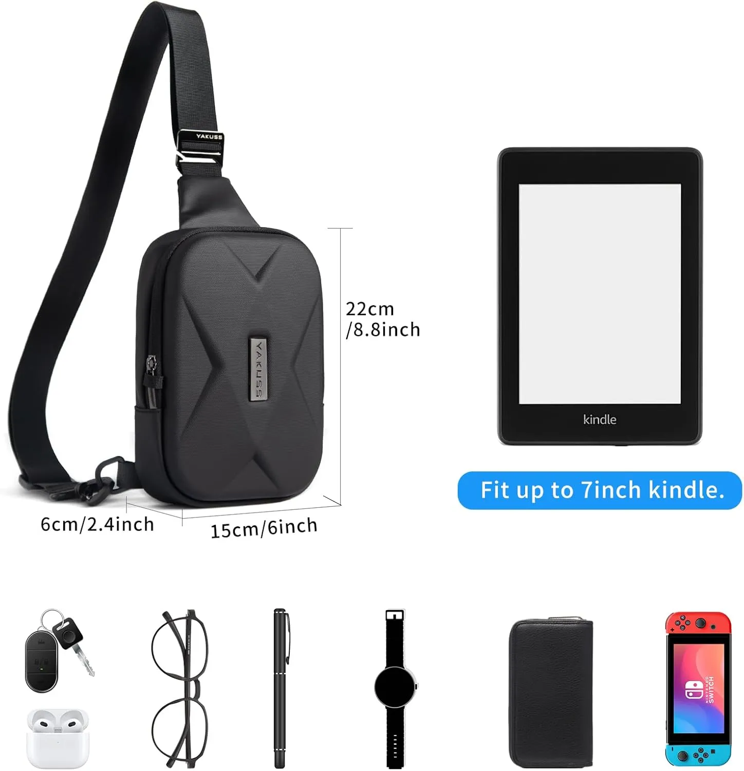 YaKuss Hard Shell Sling Bag, Anti-theft Crossbody Bag for Women Men Lightweight Shoulder Chest Casual Backpack for Travel Daily, Black