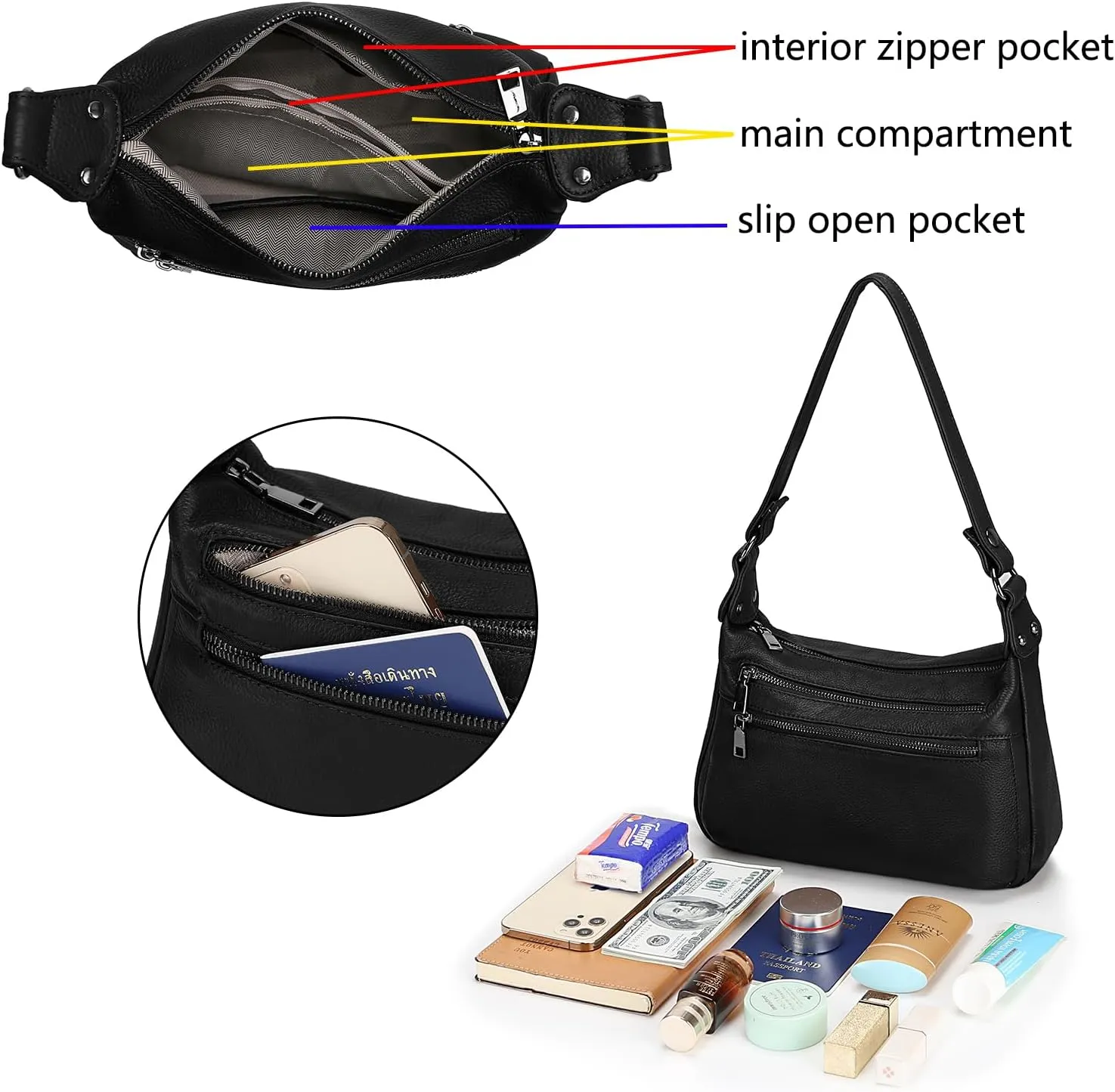 YALUXE Genuine Leather Shoulder Bag Medium Size Handbag Purse Multi Zip Pockets Crossbody Bags for Women