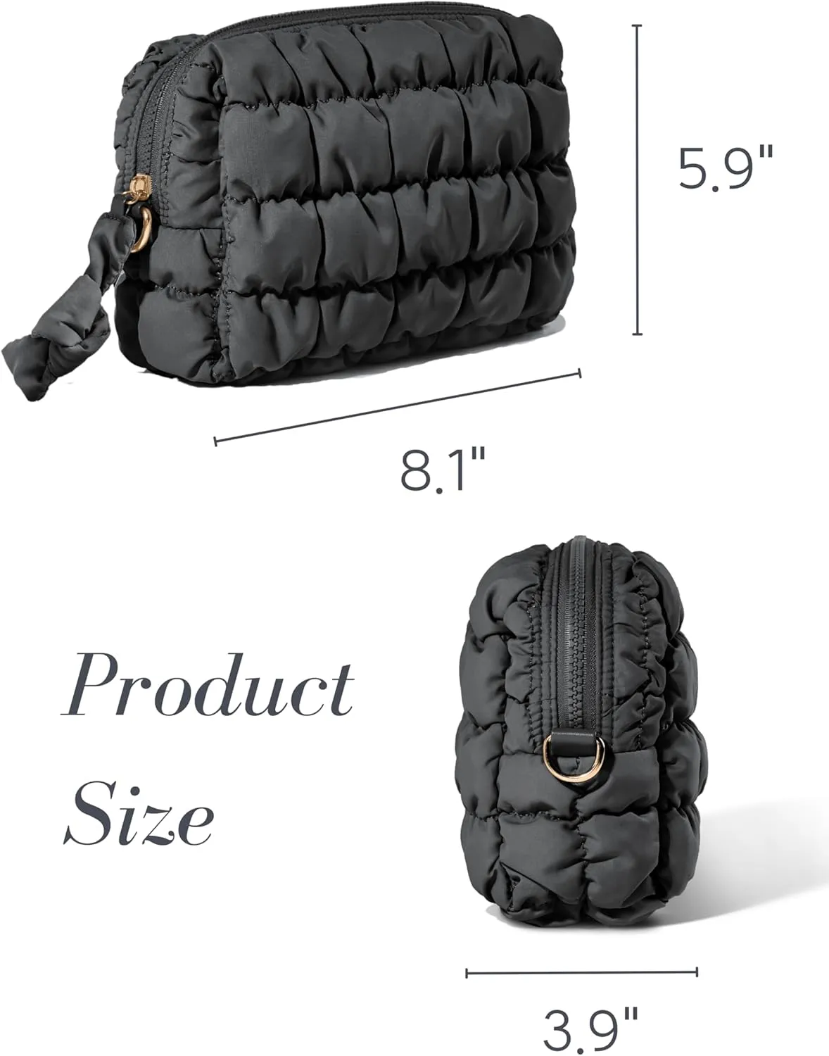 Yarnic Quilted Makeup Bag Cosmetic Bag, Travel Toiletry Bag for Women, Cute Makeup Bag Organizer Black Puffer Makeup Pouch (M, Black)