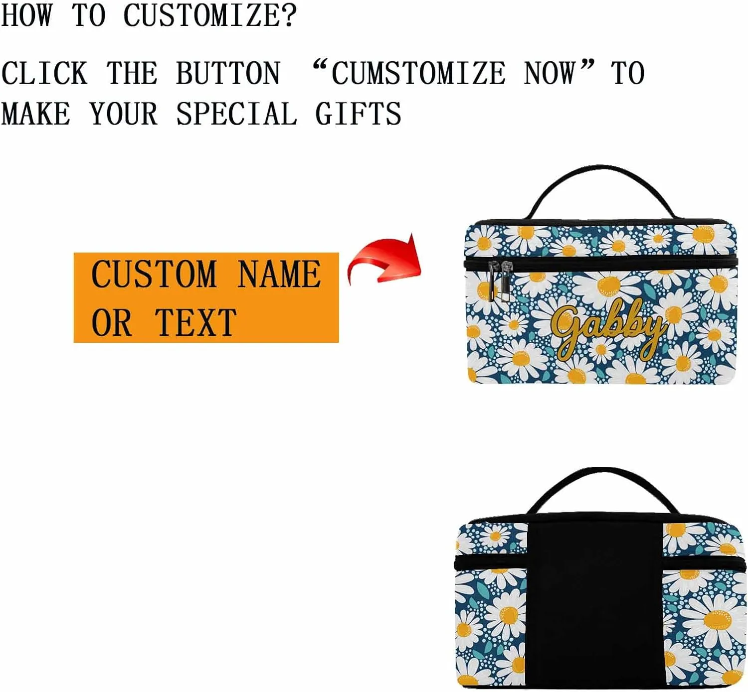 YESCUSTOM Personalized Makeup Bag Large Travel Cosmetic Bags for Girls Women Kids, Blue Daisy Waterproof Make up Organizer Case Toiletry Bag