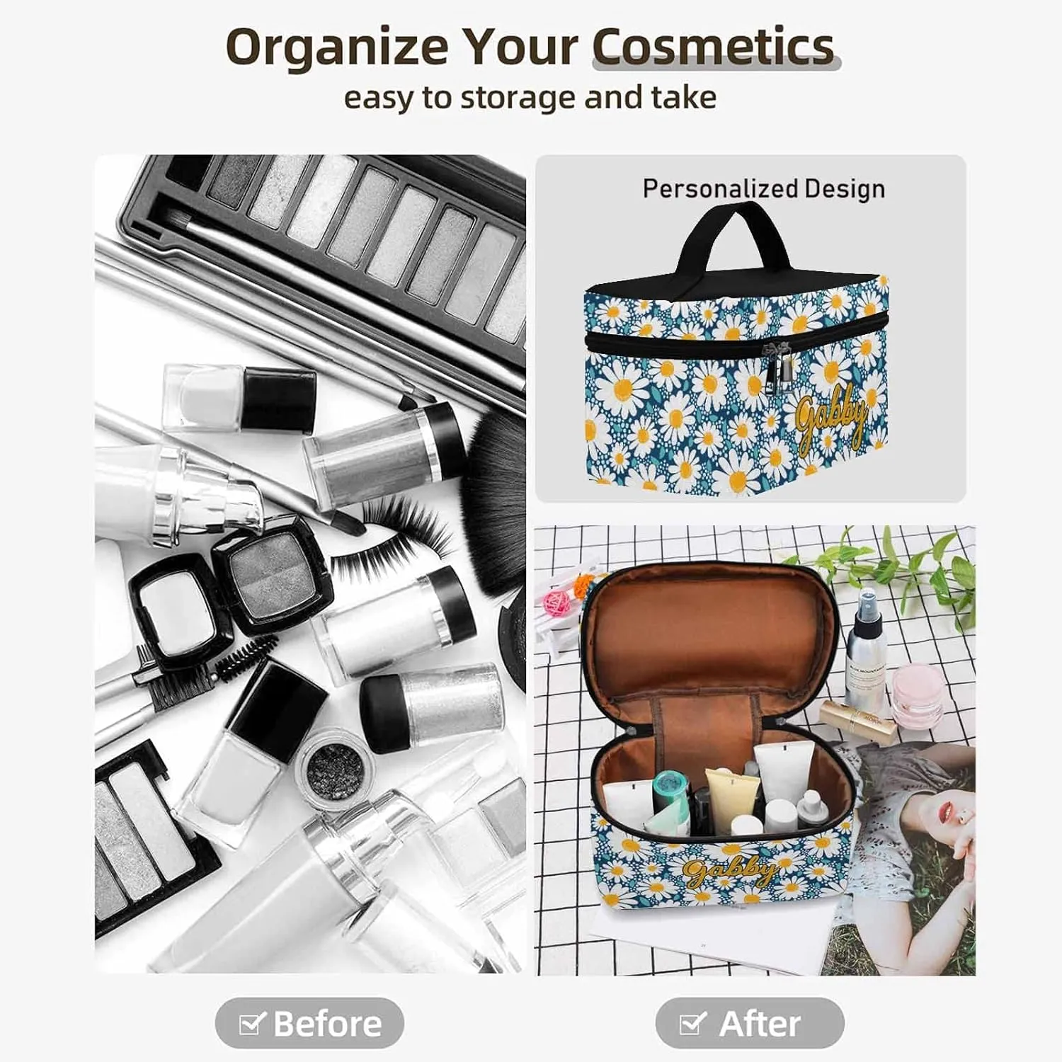 YESCUSTOM Personalized Makeup Bag Large Travel Cosmetic Bags for Girls Women Kids, Blue Daisy Waterproof Make up Organizer Case Toiletry Bag