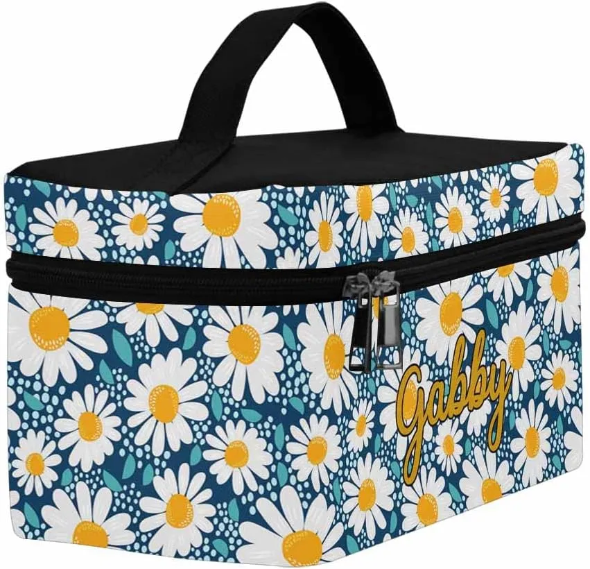 YESCUSTOM Personalized Makeup Bag Large Travel Cosmetic Bags for Girls Women Kids, Blue Daisy Waterproof Make up Organizer Case Toiletry Bag