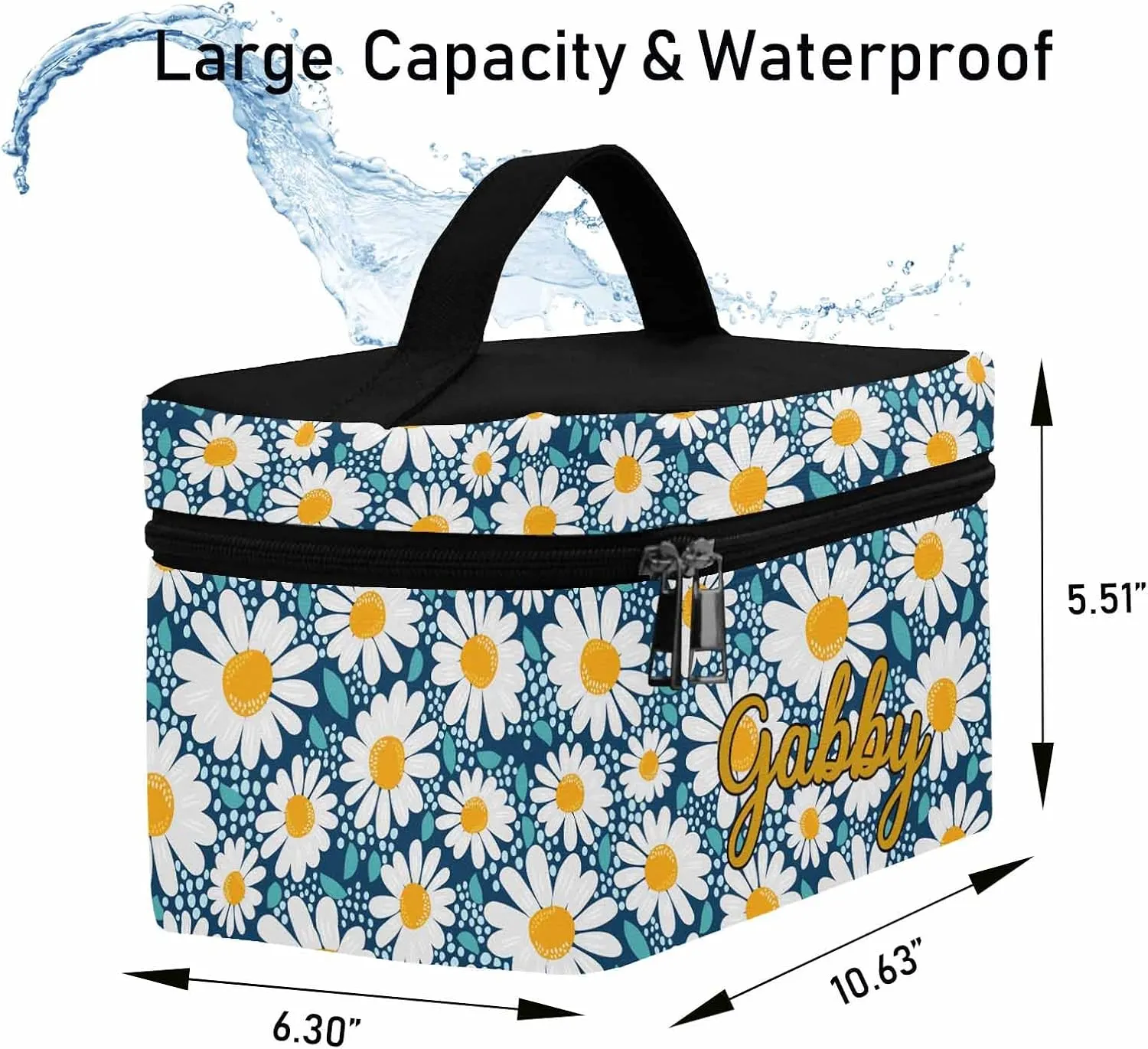 YESCUSTOM Personalized Makeup Bag Large Travel Cosmetic Bags for Girls Women Kids, Blue Daisy Waterproof Make up Organizer Case Toiletry Bag