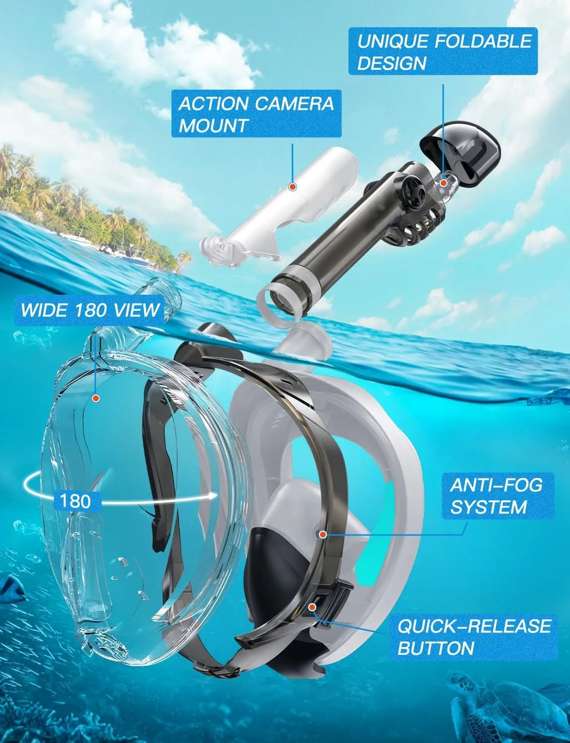 Zenoplige Full Face Snorkel Mask Adults,Dry-Top Snorkeling Gear with Camera Mount,Foldable 180-Degree Panoramic Scuba Mask for Snorkeling Diving Swimming Travel,Snorkel Mask Anti-Fog & Anti-Leak