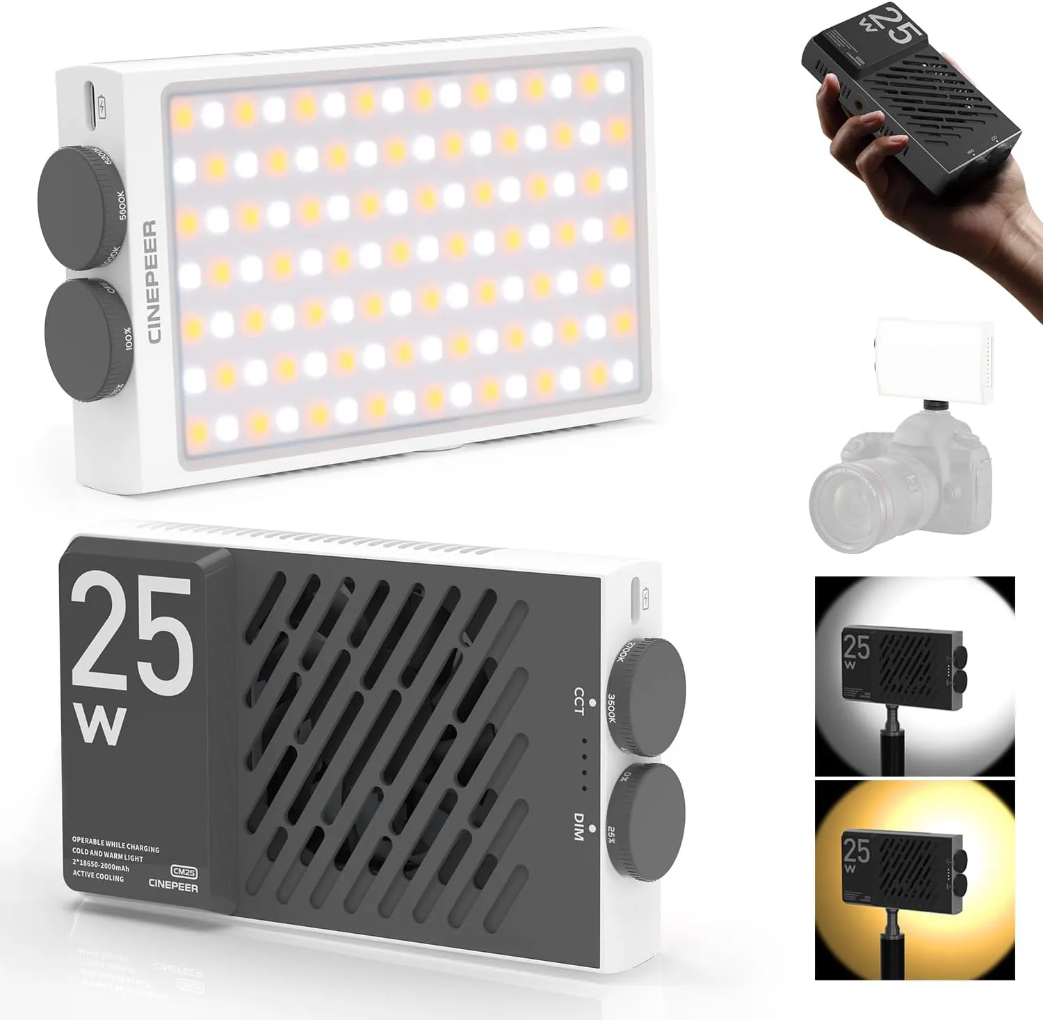 ZHIYUN CINEPEER CM25 25W LED Video Light [Official], Pocket-Sized Mini Portable Gifts for Photographyers Light on Camera, Dimmable 2700K-6200K•CRI≥96•TLCI≥97,Built-in 2*2000mAh Rechargeable Batteries