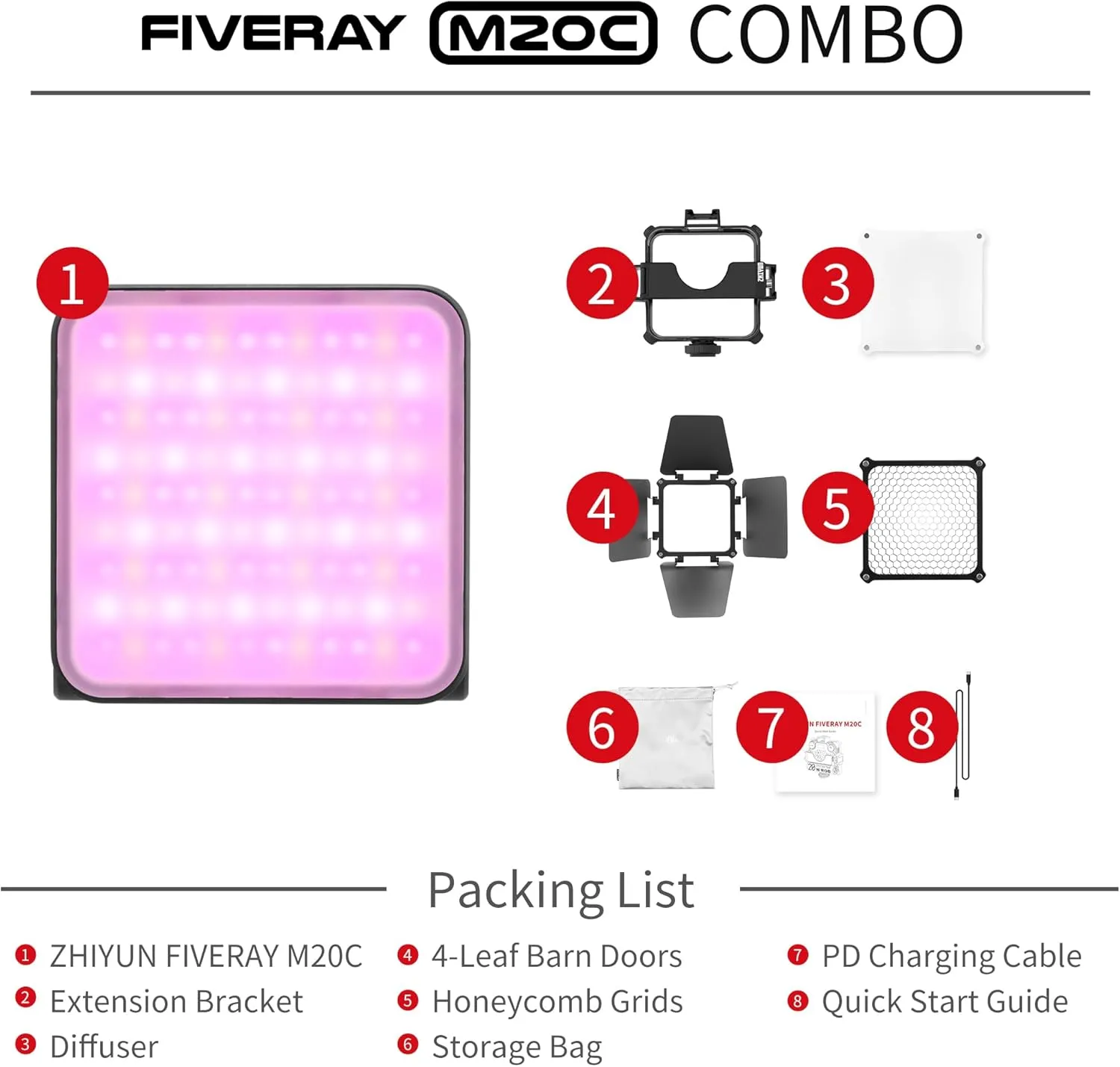 Zhiyun FIVERAY M20C Combo RGB Video Light 2500k~10000k Powerful On-Camera Video Lights, 20W (M20C Combo)