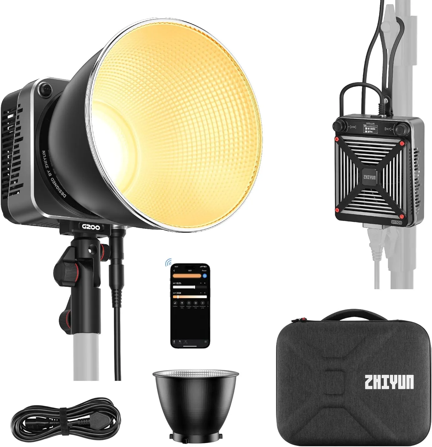 ZHIYUN MOLUS G200 COB Video Light Bowens Mount Camera Light, Bi-Color 2700K-6500K Photography Lighting, ZY Vega App Control for Portrait, Studio, Interview and Filming