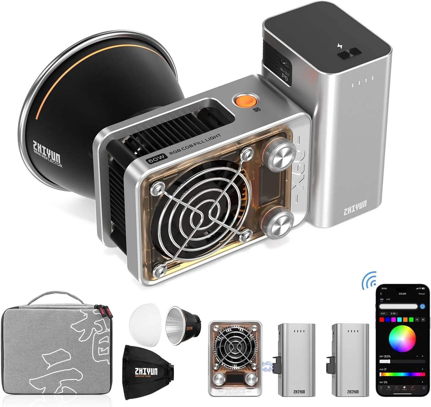 ZHIYUN Molus X60 RGB Pro [Official] 60W RGB Video Light with Grip Battery*2, Portable COB Photography Lighting on Camera, APP Control•CRI 95•TLCI 98•15 Scenes for Shooting/Portrait/Filming, USB-C